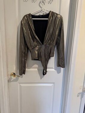 Forever 21 Metallic Bronze V-Neck Long-Sleeve Wrap Bodysuit